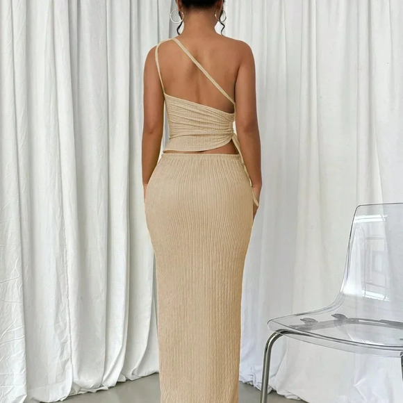 Apricot Elegant Women's Drawstring Shoulder Top And Long Midi Skirt Set - Picture 2 of 6